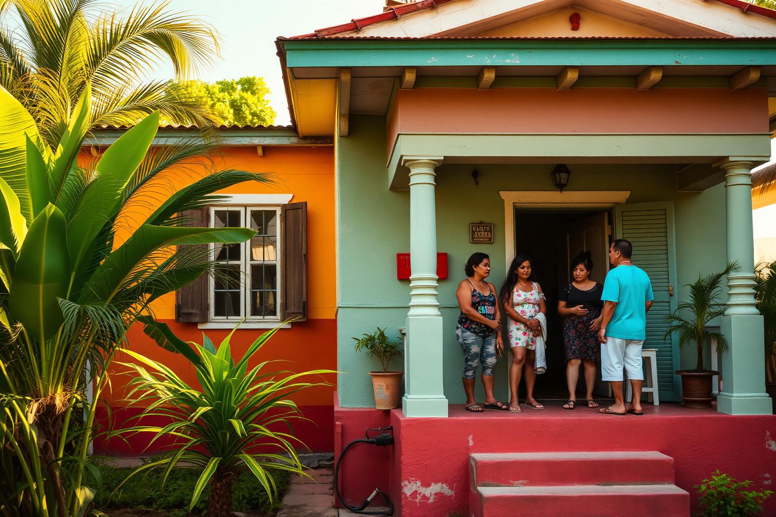 Casa restaurada en Puerto Rico con familia en el balcón